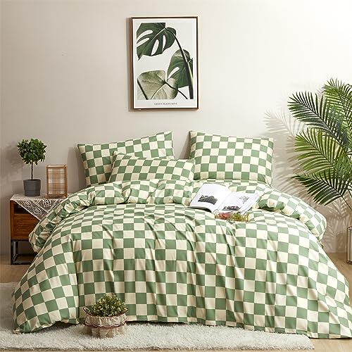 Forxiexie Green Checkered Comforter Set Full Size Sage Green Checkerboard Bedding Comforter Green and White Plaid Bedding Sets Soft Women Girls Retro Grid Green Quilt Light Green Checker Bedding