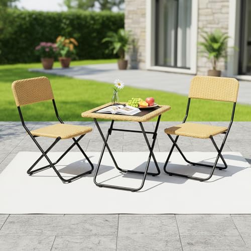 Image of DEVOKO Foldable 3-Piece Outdoor Patio Wicker Furniture Set with Glass Top Table, All-Weather HDPE Rattan, Rustproof Metal Frame for Garden, Balcony & Lawn (Beige)