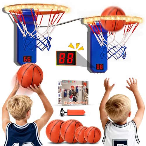 TERRAMUS Mini canasta de baloncesto, 2 canastas de baloncesto con marcador electrónico, aro interior de altura ajustable para niños, 4 pelotas, 1 bomba de aire, regalo para Navidad o cumpleaños