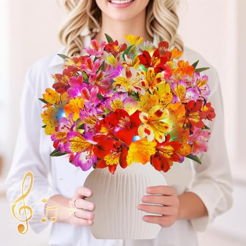 3D Pop Up Mothers Day Cards, Mother's Day Card, Paper Bouquet Birthday Greeting Card with Music & Colorful Lights, 12 Inch Life Sized Forever Flower Bouquet Mother's Day Cards for Women Mom Grandma