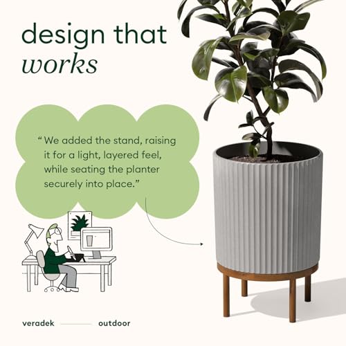 Image of Veradek Demi Series Round Planter w / Stand for Porch /Patio | Durable Plastic-Concrete & Wooden Stand | Modern Decor for Tall Plants, Flowers