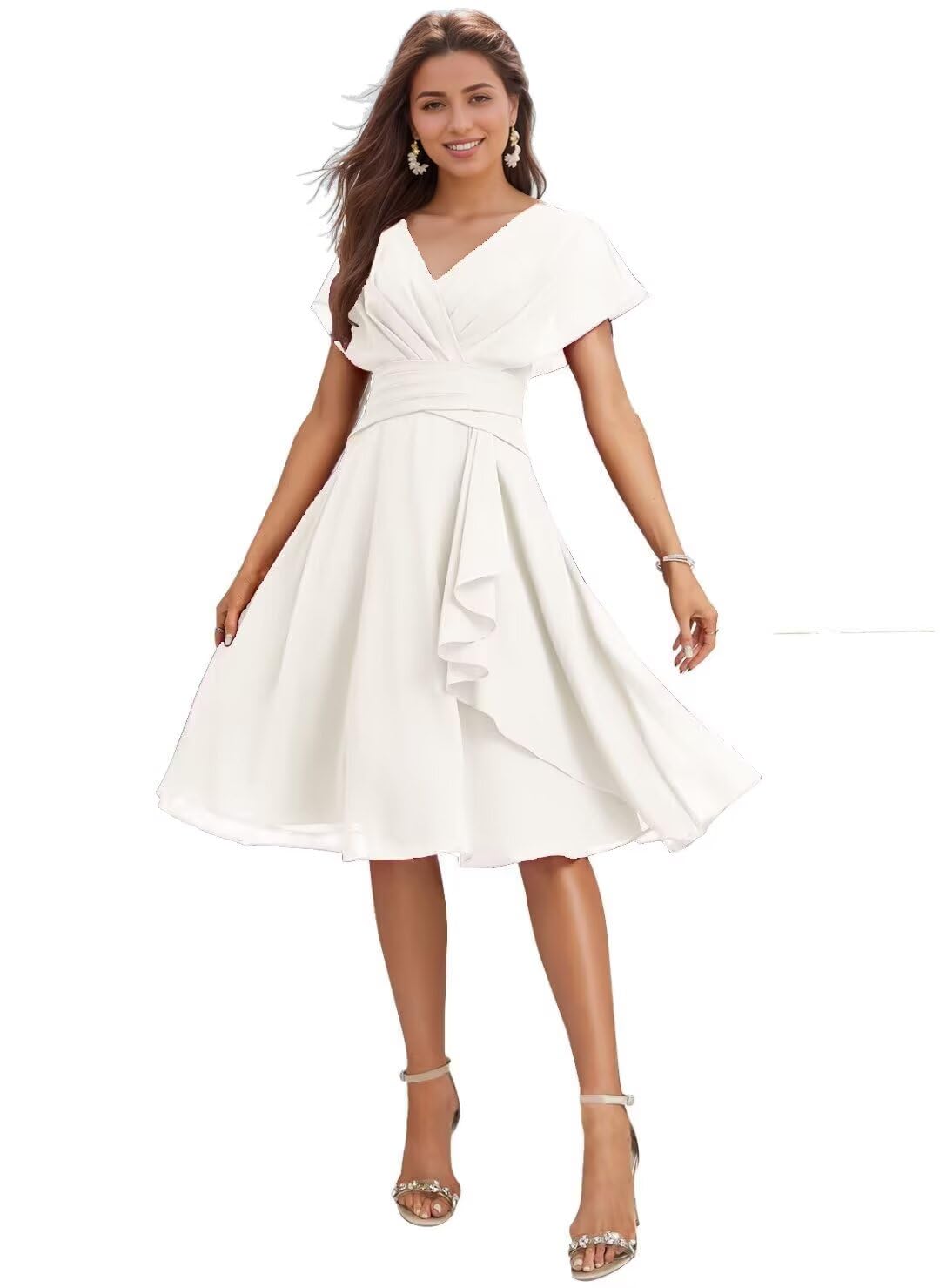 MarsRoad Knee Length Bridesmaid Dresses for Wedding Beach Chiffon V-Neck Formal Dresses for Women 2026 with Short Sleeve