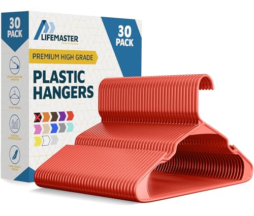 Lifemaster Plastic Clothes Hangers – Heavy Duty Hanger Set, for Organizing Clothes, Dresses, and Coat, Holds Up to 5 lbs, Space-Saving Hangers with Non-Slip Shoulder Grooves, Pack of 30, Red