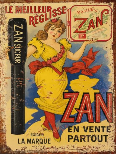 Plaque Métal Vintage ZAN – Affiche Publicitaire Réglisse – Déco Murale Rétro Cuisine, Bar ou Salon – Style Belle Époque (20x30cm)