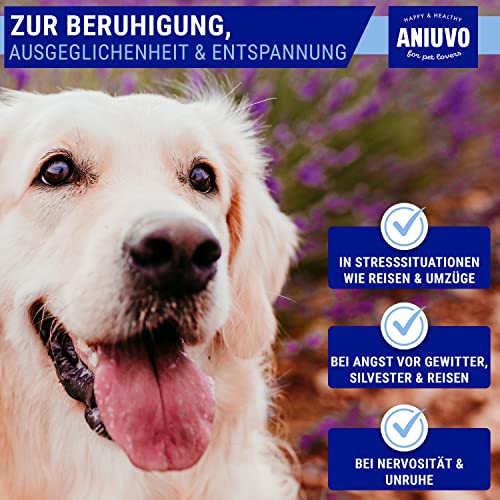 ANIUVO® Relaxtabletten [90 Stück] Natürliches Beruhigungsmittel für Hunde mit Baldrian, Hanfpulver, Taigawurzel & Magnesiumgluconat - Hunde Beruhigungsmittel gegen Stress & Angst - Made in Germany