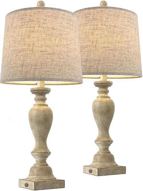 PORTRES 25.75" Farmhouse 3-Way Dimmable Table Lamp Set of 2 Rustic Touch Control Bedside Nightstand Lamps with USB A+C Charging Ports for Bedroom Desk Lamps for Living Room