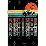Vintage Retro Rocket Soccer Car League Metal Aluminum Sign Fun Home Wall Art Decor "What a Save!" Design with Racing Car & Soccer Ball for Sports Fans & Retro Enthusiasts 8x12 Inch