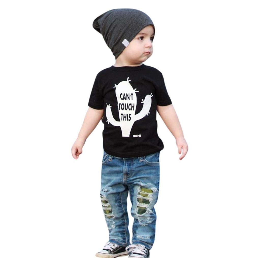 Moonker Kid Toddler Baby Boys Outfits Clothes Short Sleeve Letter Tees T-Shirt and Denim Hole Jeans Pants Sets