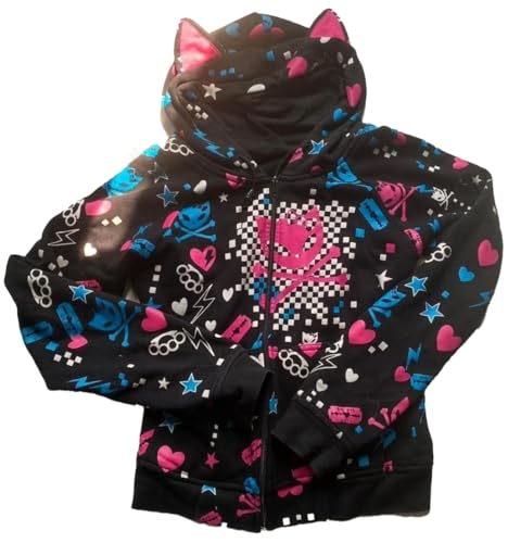 Womens Y2k Skulls Pattern Hoodies Kawaii Zip Up Clothes Punk Hip Hop Cat Ears Sweatshirts Cute Hoodie