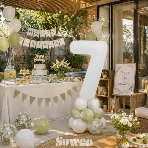 Image of SUWEN 40 Inch White Large 7 Balloon Number Big Foil Helium Numbers 0-9 | Giant Jumbo Happy 7th Birthday Party Decorations for Men or Women Huge Mylar Anniversary Party Supplies