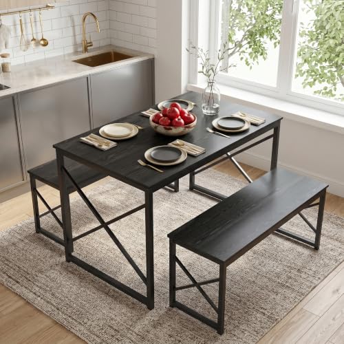 Image of VECELO 43.3 inch Kitchen Dining Table Set for 4, Heavy-Duty Steel Frame & Wood-Grain Tabletop, Space-Saving Dinette Sets with 2 Benches for Breakfast Nook and Small Space, Black
