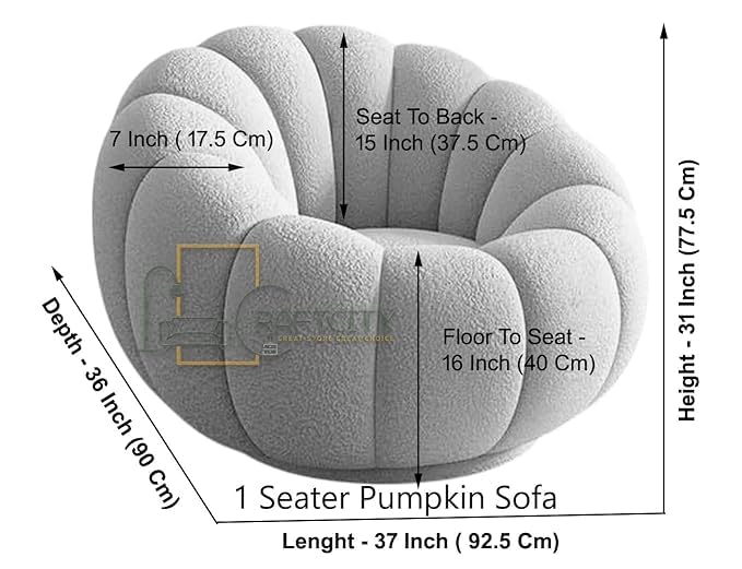 Image of CRAFTCITY Pumpkin Style Wooden Sofa | Contemporary Wool Sofa with Swen Pillow Back for Living Room (Orange, 1 Seater with Ottoman)