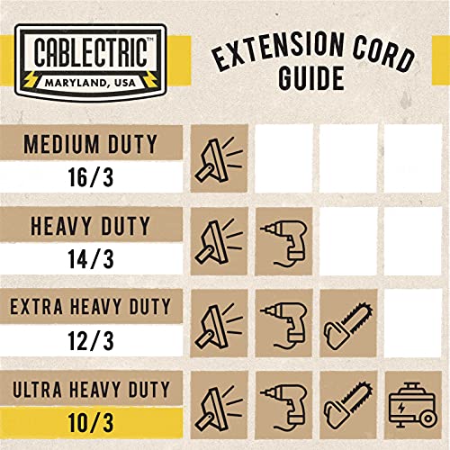 Cablectric 50 Ft Outdoor Extension Cord With 3 Power Outlets - 15 Amp 10/3 Sjtw Heavy Duty Yellow 10 Gauge Lighted Electrical Cable With 3 Prong Grounded Plug #TOP5