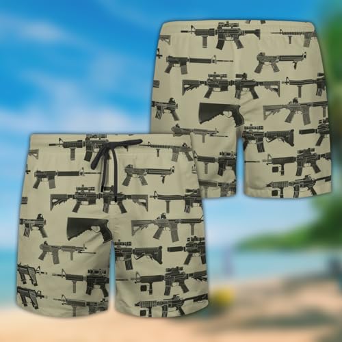 Military Gun Mens Swim Trunks - Gun Weapon Hawaiian Mens Swim Short Beach Shorts TU-SH-522
