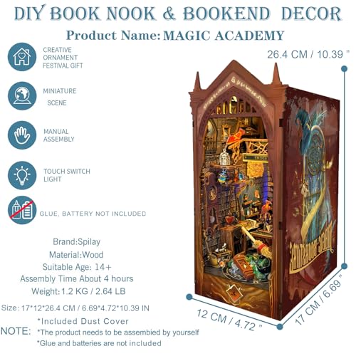 Spilay DIY Book Nook Kit,DIY Dollhouse Booknook Bookshelf Insert Decor Alley,Bookends Model Build kit with LED Light dust Cover,Handmade Crafts Gifts for Birthday Christmas and Valentine\'s Day(SQ38)