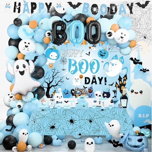 Blue Happy Boo Day Paty Decorations Halloween Birthday Party Decorations Boys Happy Spooky Booday Balloon Garland Backdrop Ghost Spider Web Banner Topper Bat for Halloween Boo Party Supplies Boy