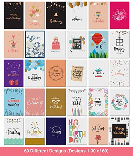 Dessie 60 Unique Birthday Cards Assortment 5x7 with Generic Birthday Greetings Inside. Suitable For Men, Women and Kids. Send As Is Or Personalize. Includes Envelopes and Gold Stickers