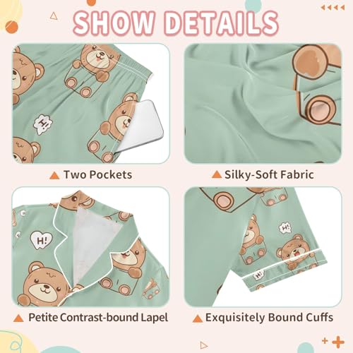 senya Cute Bear Hello Satin Summer Pajama Sets Silk Short Sleeve Button Down Sleepwear3
