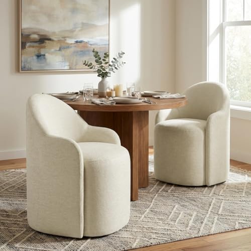 Image of KISLOT Upholstered Dining Chairs with Casters, No Assembly Modern Dining Room Chairs Accent Vanity Chair with 5 Wheels & Round Backrest for Bedroom, Living Room, Dressing, Sand Fabric, Set of 4