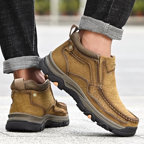 Image of MOSTELO Mens Slip On Casual Loafers Classic Outdoor Leather Walking Hiking Shoes Comfortable for Work Office Dress Outdoor High Top