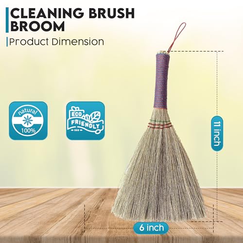 Image of Handmade Bamboo Grass Broom with Nylon Thread Handle - Angled Bristles for Sweeping Debris & Dust - Perfect for Carpet, Cobwebs & Dusting - Compact & Portable Cleaning Essential - 11 Inch