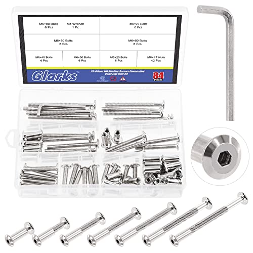 Glarks Juego de tornillos de cabeza hexagonal M6 x 20/30/40/50/60/70/80 mm, con cabeza Allen chapada en níquel para muebles de cuna, tornillos para sillas y mesas