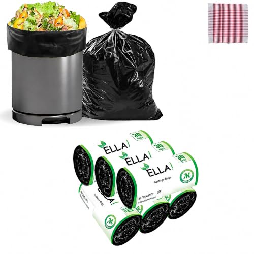 Image of Ella Garbage Bags 19x21 Inches Medium 180 Bags 6 Rolls | Leak Proof & Tear Resistant Trash Bags for Kitchen Home & Commercial Use | Dustbin Bags For Dry & Wet Waste With Free Check Duster Cloth-Black