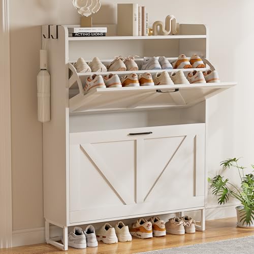 EOYUTLLY Shoe Cabinet for Entryway with 2 Flip Drawers,Narrow Wooden Shoe Storage Cabinet with Metal Legs,Hold 24 Pairs, 4-Tier Adjustable Shelves–Freestanding Hidden Shoe Organizer for Hallway, Foyer