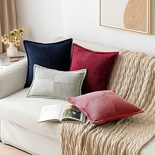 Image of MIULEE Decorative Throw Pillow Covers for Couch Bed Livingroom 20x20 Inch Set of 2 Cranberry Red Boho Accent Throw Pllows Broadside Striped Patchwork Soft Corduroy Pillowcases