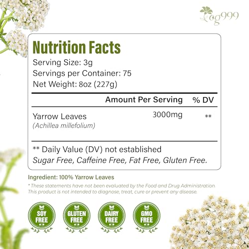 Image of TOG999, Yarrow Tea Leaves 8oz | Premium Herbal Tea | Naturally Aromatic, Freshly Packed Loose Leaf Yarrow | Sustainably Sourced, Non-GMO, No Additives - Ideal for Daily Herbal Brewing
