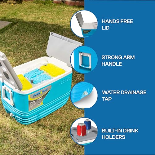 Image of Pinnacle Eskimo 57L Large Chiller Ice Box| Fits 80 cans| Holds Ice Upto 100 hrs| Insulated Portable Cooler IceBox with Two-Way Open Lid, Drain Tap, Drink Holder| Perfect for Car Travel,Sport (Hydra)