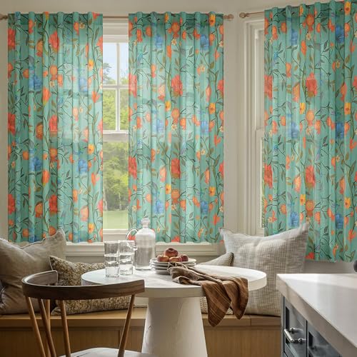 Image of JOOJA 54 Inch Boho Floral Curtains Tropical Bird Print Linen Semi Sheer Window Drapes for Kitchen, Bedroom, Bathroom, Living Room, Dining Room, Green