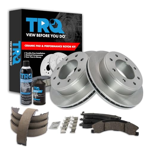 Image of TRQ Rear Brake Pad & Rotor Kit, with Chemical Kit Parking Brake Shoe Set Ceramic Compatible with 2009-2020 Chevrolet Express 3500 GMC Savana 3500