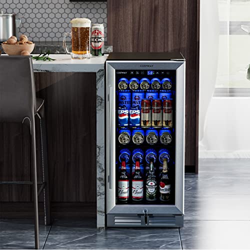 Image of COSTWAY 15 Inch Beverage Cooler Refrigerator - 3.5 Cu.ft Mini Fridge with Glass Door, Lock and Removable Shelves for Soda Beer Wine, Freestanding Small Drink Refrigerator for Home Office Bar