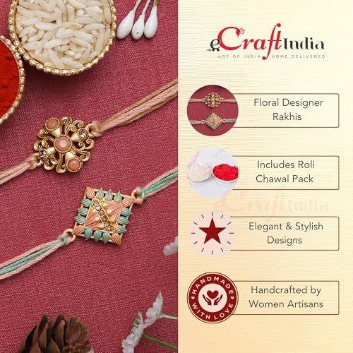Image of eCraftIndia Set of 2 Peach, Green & Golden Pearls, Designer Rakhis, Best Bro Ever Fridge Magnet with Roli Chawal Pack - Rakhi for Brother, Bhaiya, Bhai