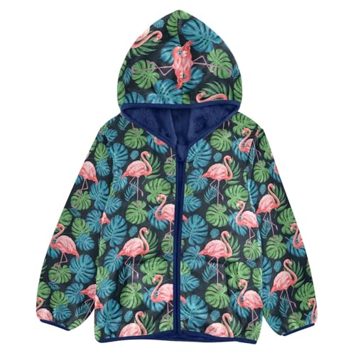 Flamingos Tropical Green Blue Leaves Kids Fleece Zip up Jacket, Comfy Light Sweatshirt Jacket 3T