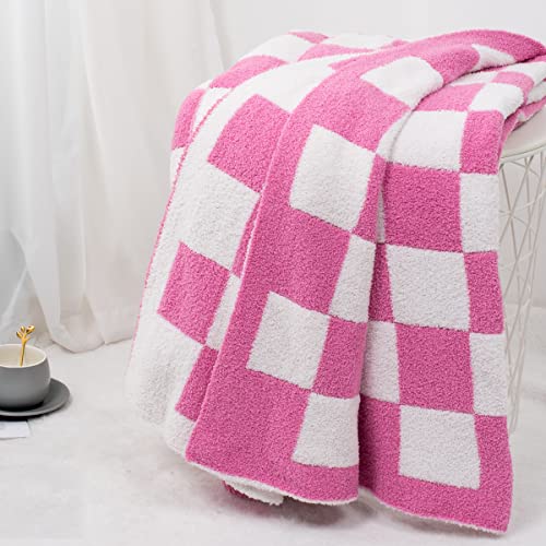 Carriediosa Ultra Soft Checkered Throw Blanket Microfiber Fuzzy Fluffy Checkerboard Grid Cute Preppy Plaid Pattern Knitted Blankets Cozy Throws For Couch Bed Sofa, 50" X 60" Throw Size Hot Pink #TOP5