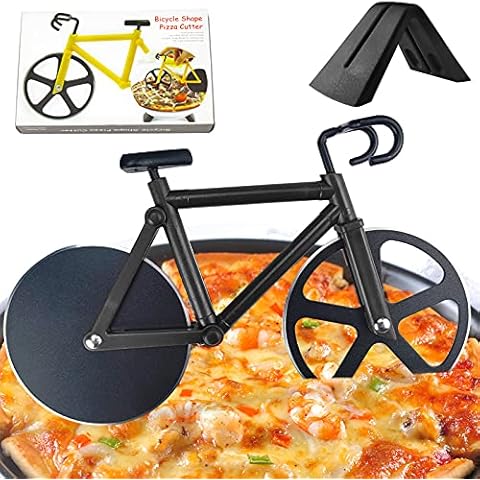 Fahrrad-Pizzaschneider, scharfer Pizzaschneider Edelstahl, kreativer Pizzaschneider, antihaftbeschichtete coole Küchenhelfer, lustiger Pizzaschneider Stahl doppelt mit Ständer Cover