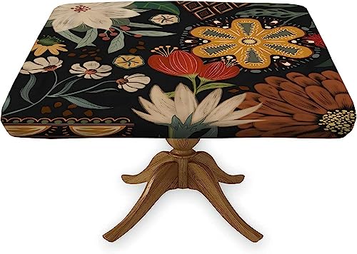 Meetfeb Boho Square Fitted Tablecloth with Elastic, Waterproof Farmhouse Rustic Floral Tablecloths for Outdoor Camping Picnic, Wipeable Table Cloths Fits Tables up to 36