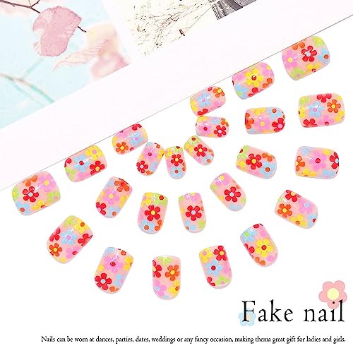 Vatocu Square False Nails Short Rainbow Flowers Press on Nails Summer Fake Nails Acrylic Stick on Nails for Women and Girls (24pcs) - Image 2