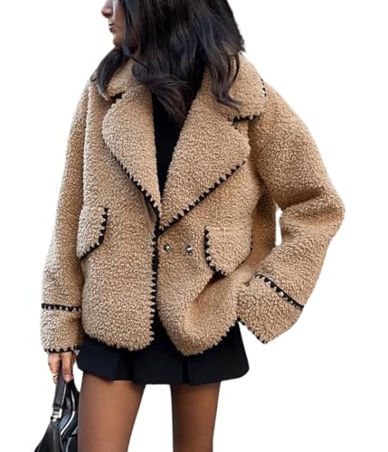 chouyatou Women's Winter Casual Embroidered Sherpa Jacket Notch Lapel Fuzzy Faux Fur Fleece Jacket Coat