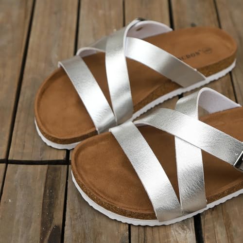 Image of Sandals Women Wide Width, Cork Footbed Arch Support Summer Beach Slide Sandals, Adjustable Strap for Wide Feet