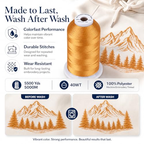 Image of Simthread 5500Yds /5000M 40WT Polyester Embroidery Thread Deep Gold 214 | High-yardage 5000M spool offers smooth feeding and stable 40WT polyester thread for home and commercial embroidery machines.