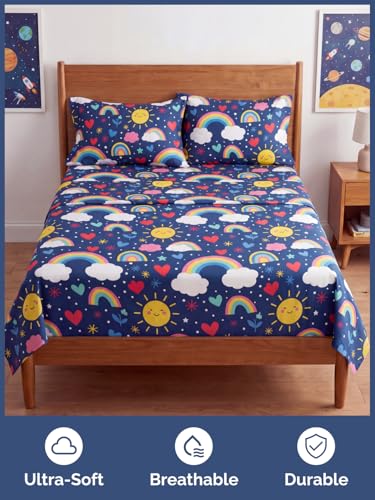 Image of Kids Full Size Rainbow Sky Bed Sheets - 4 Piece Kids Rainbow Sky Sheet Set | Rainbow Sky Themed Bedding, Ultra-Soft, Cute & Cozy, Breathable & Machine Washable, Bed Set for Boys, Girls & Teens & Cooling