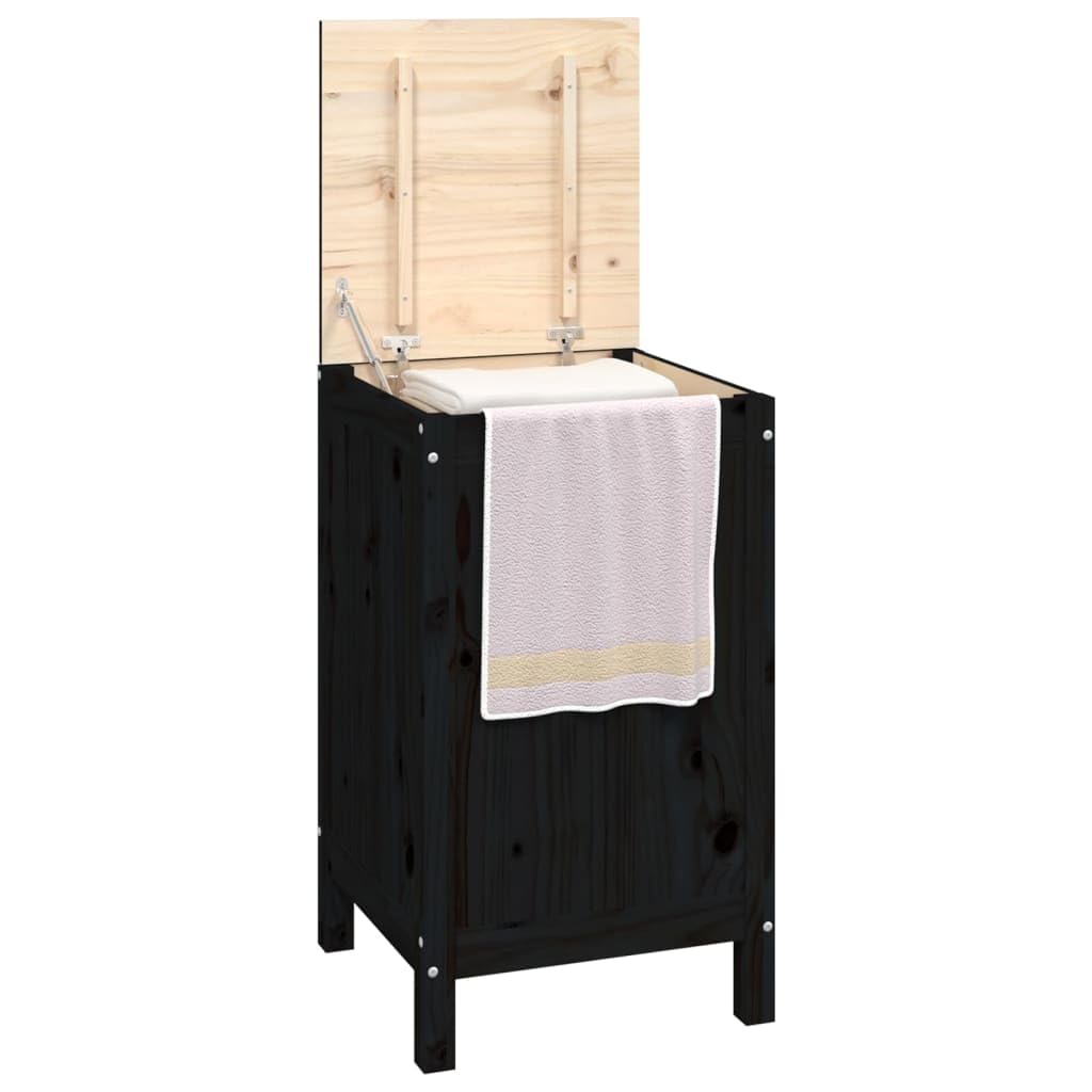 Wäschetruhe Schwarz 44x44x76 cm aus massivem Kiefernholz mit Deckel Gasdruckfeder, Wäschebehälter und Wäschesortierer für Bad, Schlafzimmer und Waschküche