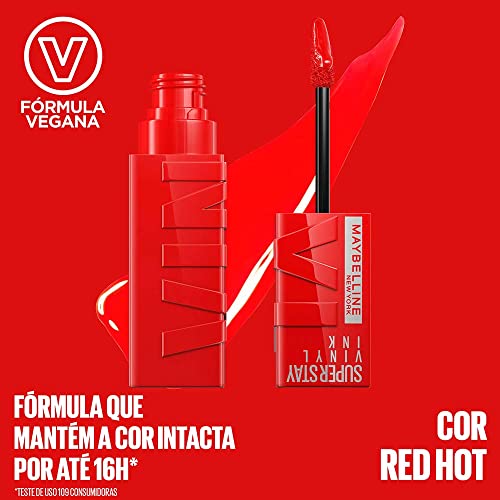 Image of Maybelline Super Stay Vinyl Ink Longwear No-Budge Liquid Lipcolor Makeup, Highly Pigmented Color and Instant Shine, Red-Hot, Fire Engine Red Lipstick, 0.14 fl oz, 1 Count