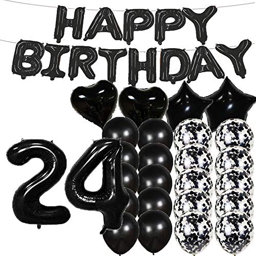 Sweet 24th Birthday Decorations Party Supplies,Black Number 24 Balloons,24th Foil Mylar Balloons Latex