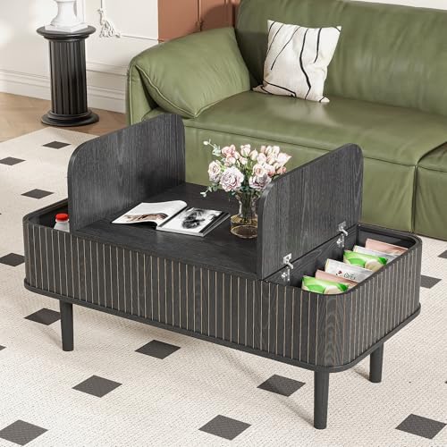 Image of Fluted Lift Top Coffee Table with Storage, Mid Century Modern Coffee Table for Living Room, Home Small Space,39.4 inch Fluted Center Table (Rectangle-Black, 39.4inch)