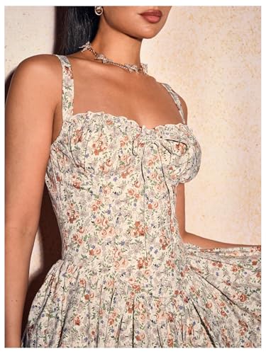 Image of WDIRARA Women's Floral Print A Line Mini Dresses Bow Smocked Ruffle Hem Cami Dress