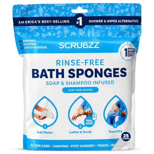 Image of Scrubzz Disposable Rinse Free Bathing Wipes - 25 Pack - All-in-1 Single Use Shower Wipes, Simply Dampen, Lather, and Dry Without Shampoo or Rinsing